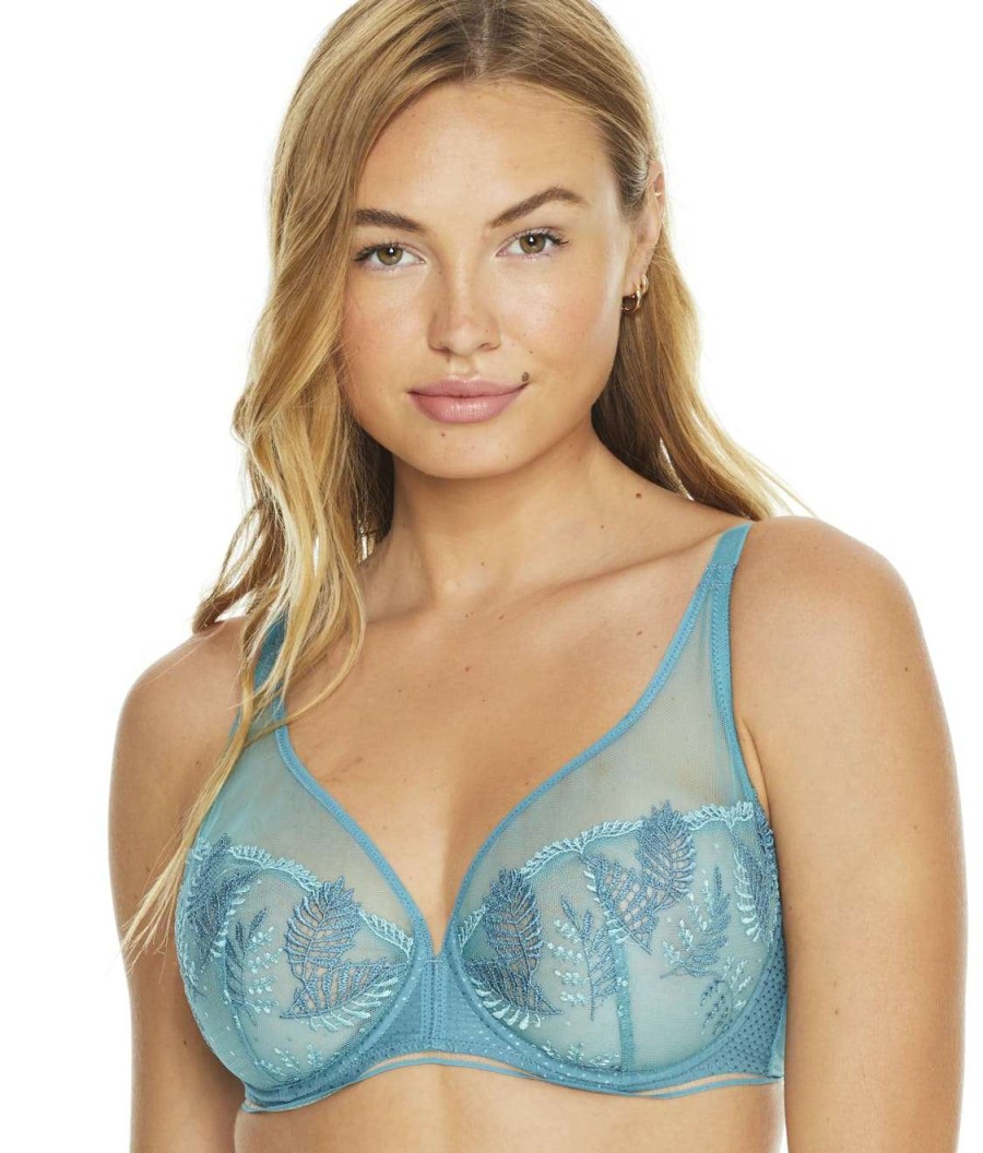 Bras * | Sale Simone Perele Bloom Sheer Plunge Bra Green Grey